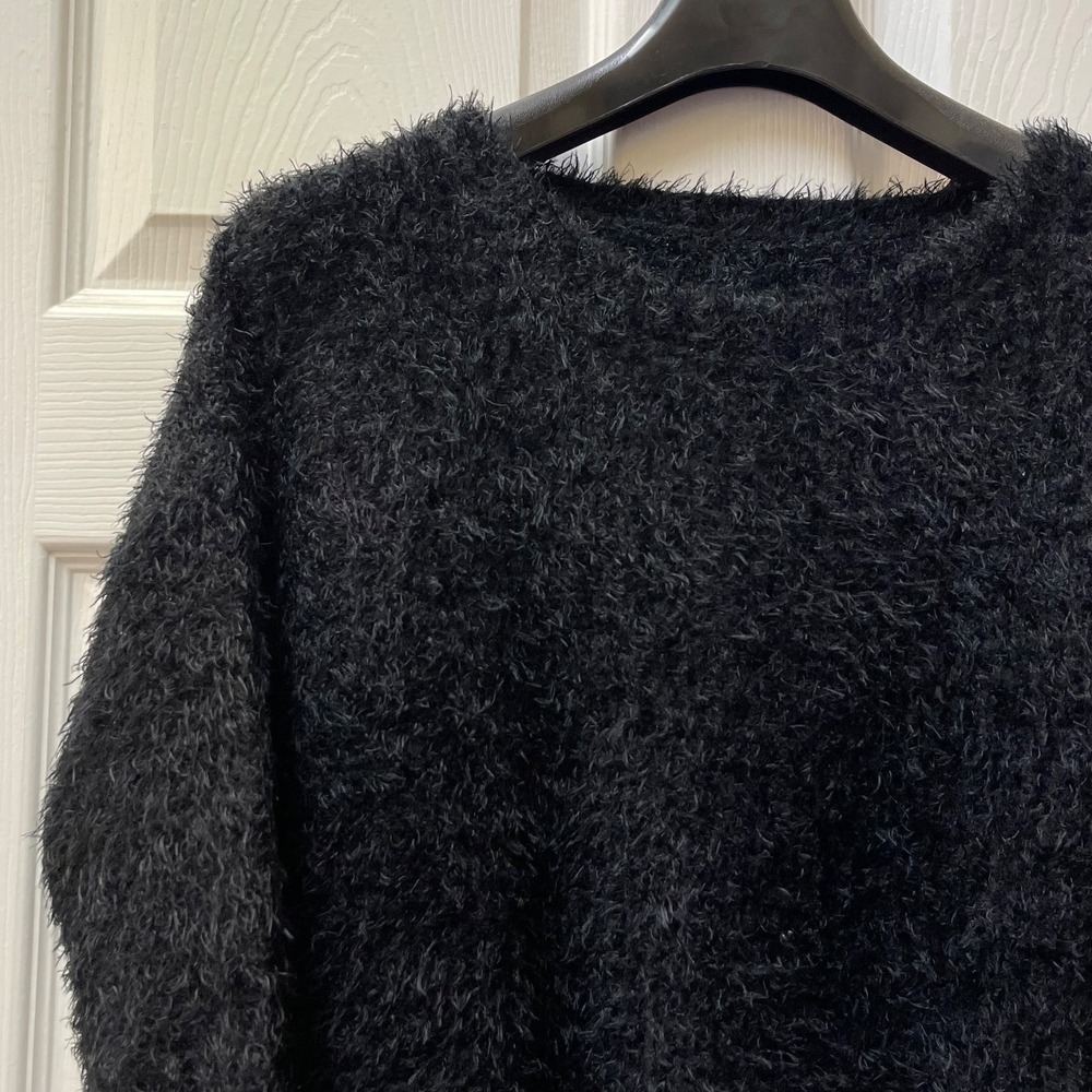 Cozy Black Fuzzy Crewneck Sweater - Women